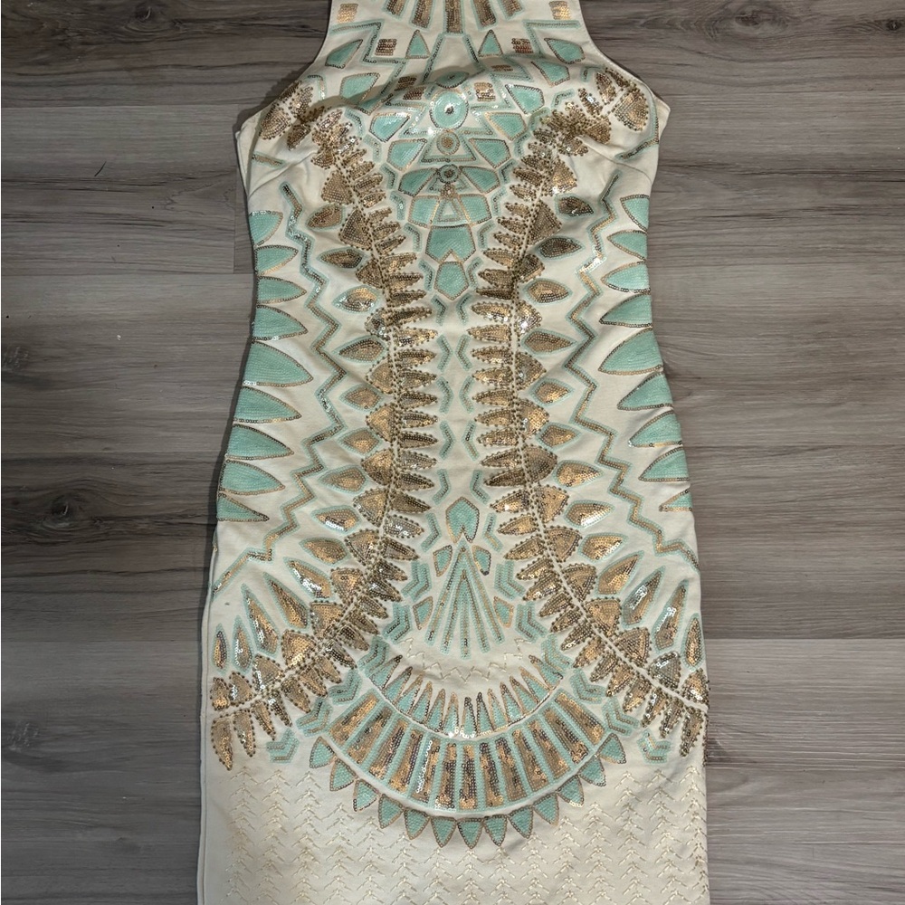 Sleeveless Ivory Dress with Mint and Gold Embellishment